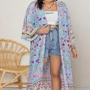 NEW! PLUS Size Boho Pattern Floral Long Kimono Cover Up Beach Bohemian Cruise